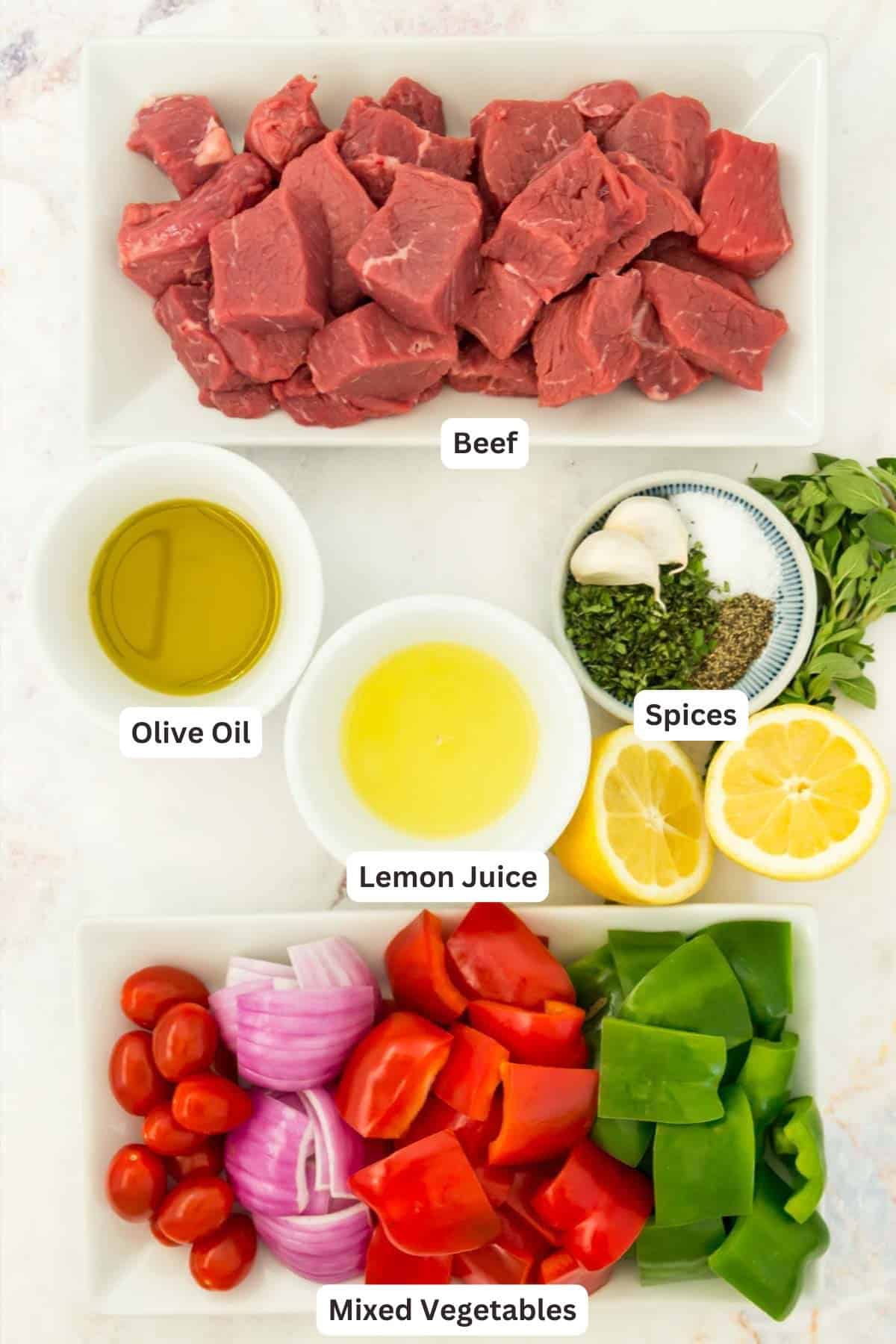 Ingredients for Mediterranean Grilled Steak Kabobs.