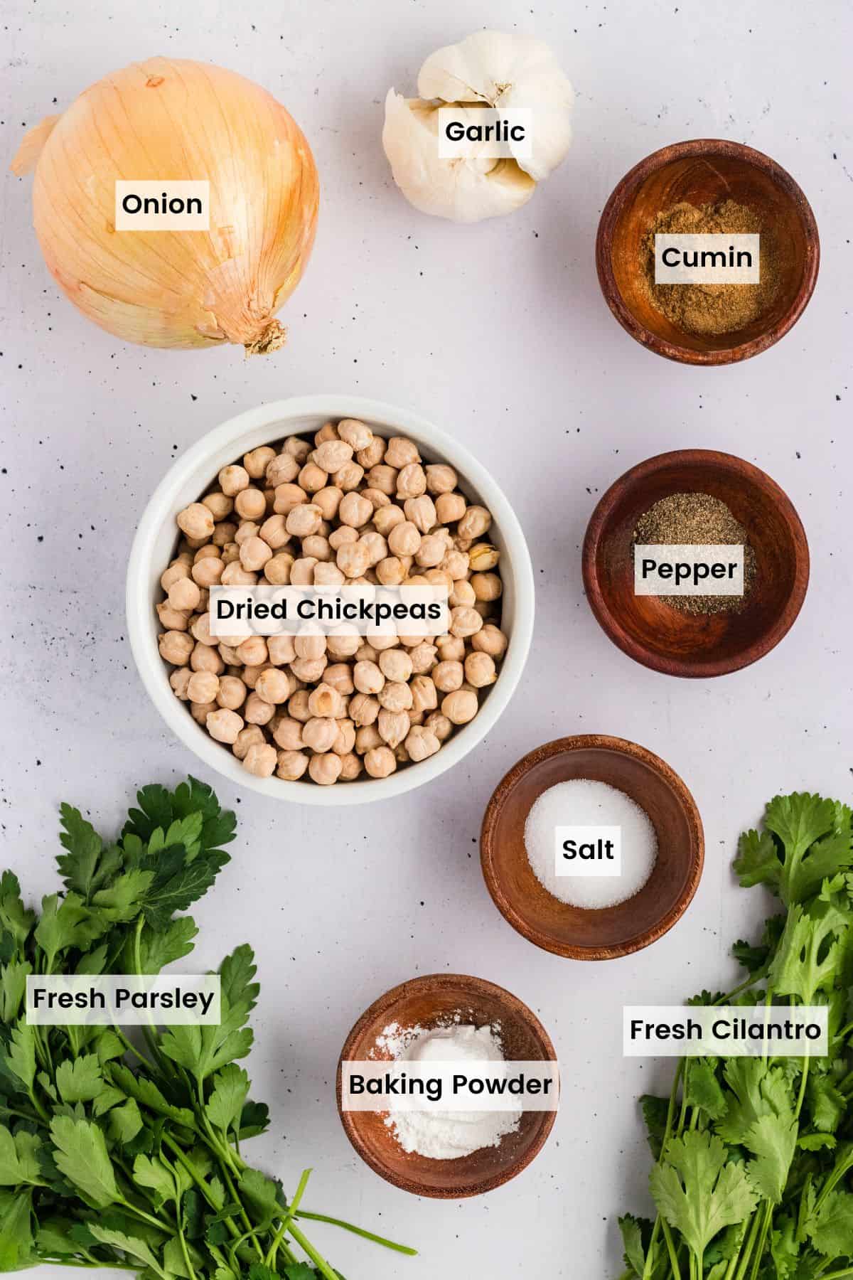 Overhead view of ingredients needed to make gluten free falafel