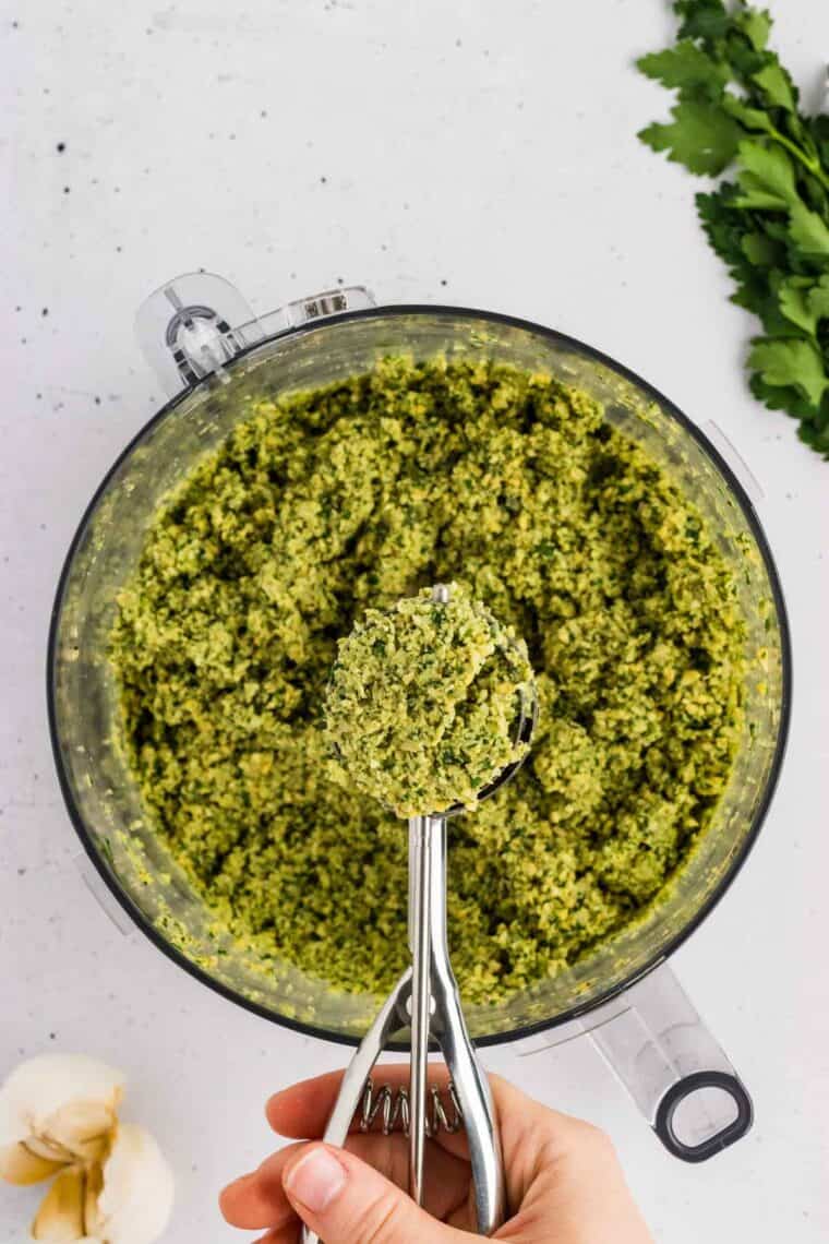 Falafel mixture in a cookie scoop