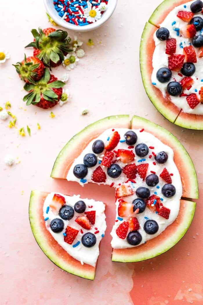 Red, White, and Blue Berry Watermelon Pizza from above