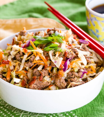 Easy Ground Beef Egg Roll in a Bowl with colorful slaw mix