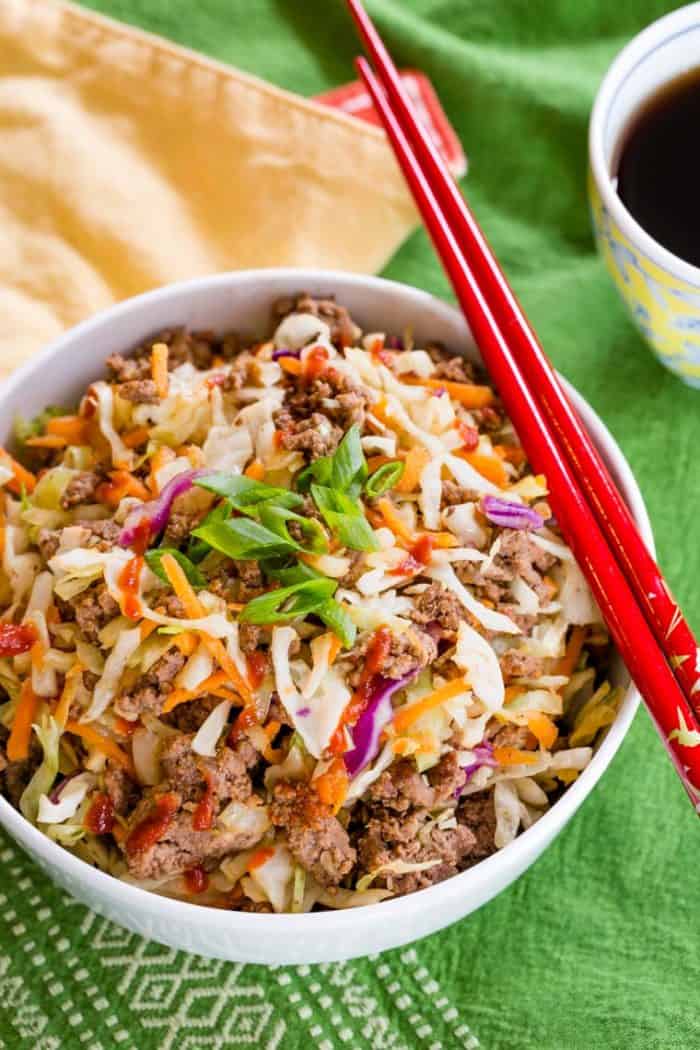 Overhead photo of beef egg roll in a bowl