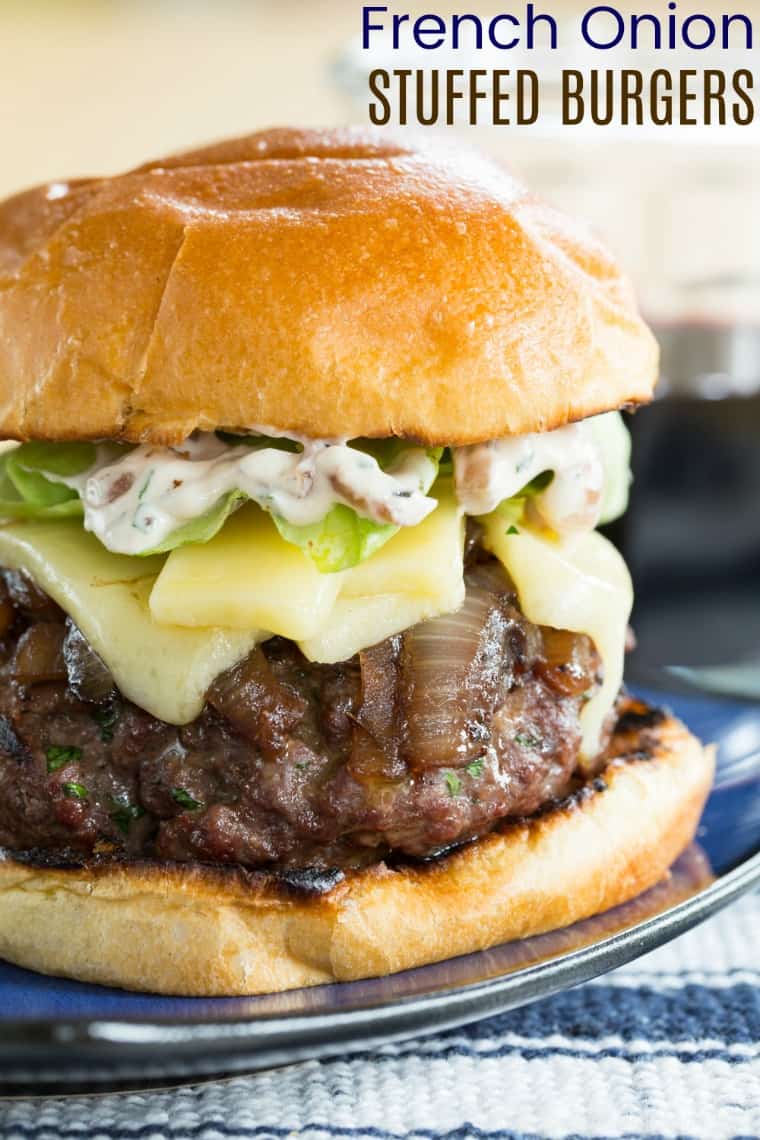 French Onion Stuffed Burgers Recipe Image with title