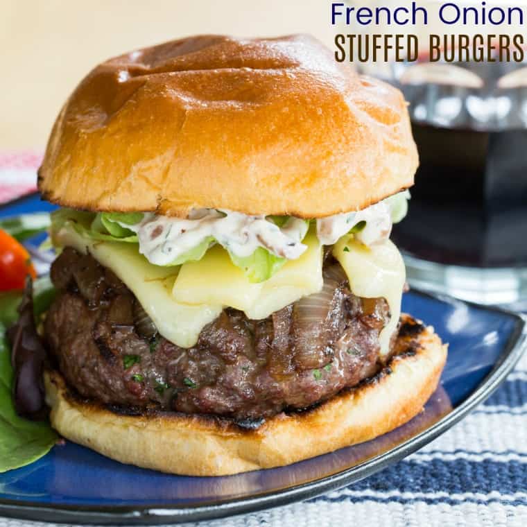 French Onion Stuffed Burgers with Cheese Cupcakes & Kale Chips