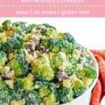 Easy No-Mayo Healthy Apple Broccoli Salad with Walnuts and Cheddar Pin Template Pink