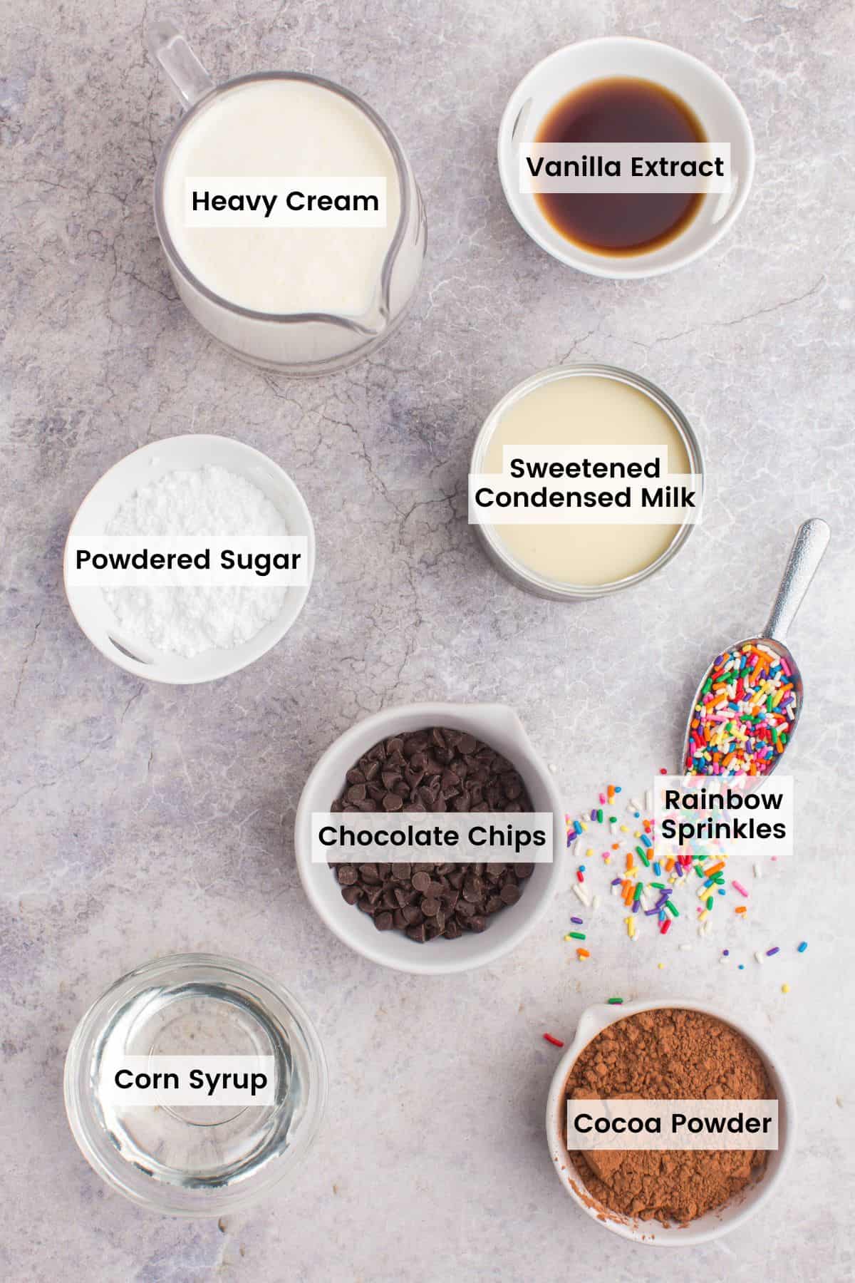 Overhead view of ingredients needed to make homemade ice cream cake