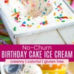 A metal pan of homemade ice cream topped with rainbow sprinkled with a scoop in it and some of the ice cream already removed and three scoops in a bowl divided by a pink box with text overlay that says "No-Churn Cake Batter Ice Cream" and the words creamy, colorful, and gluten free.