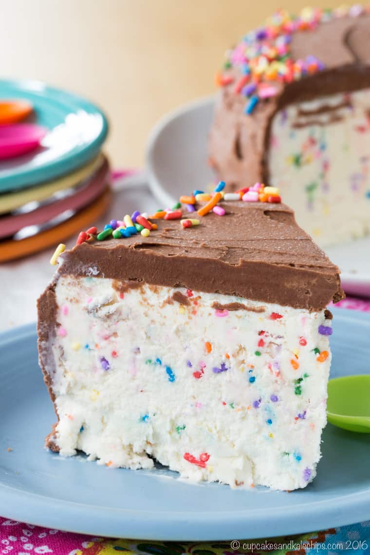 Plenty of rainbow sprinkles in this slice of No-Churn Funfetti Cake Batter Ice Cream Cake