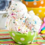 No-Churn Gluten Free Birthday Cake Ice Cream in a green polka dot bowl