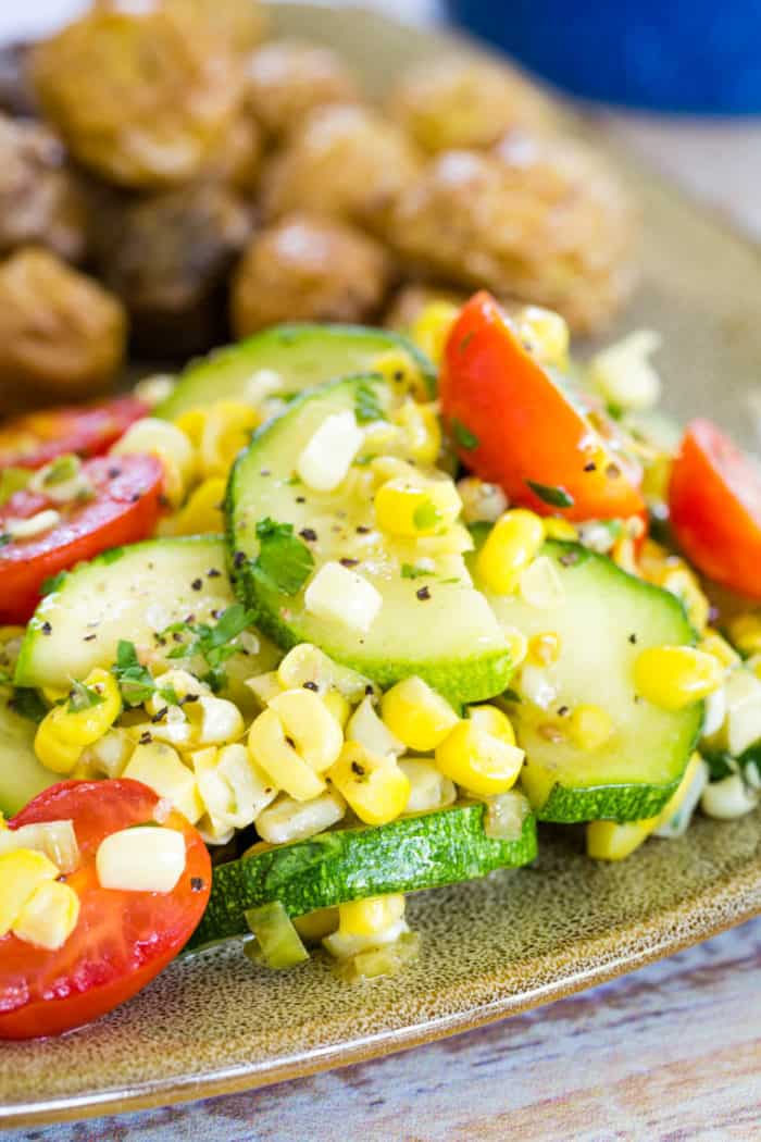 A serving of Summer Brown Butter Sauteed Veggies recipe on a plate