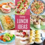 Collage of easy lunch ideas for kids with salad on a stick, yogurt parfait, chicken roll ups, pasta salad, lettuce wraps, bagel with flavored cream cheese, ants on a log, and apple sandwiches