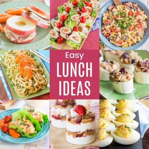 A three-by-three collage of apple sandwiches, yogurt parfaits, deviled eggs, pasta salad, and more with a pin box in the middle with text overlay that says "Easy Lunch Ideas".