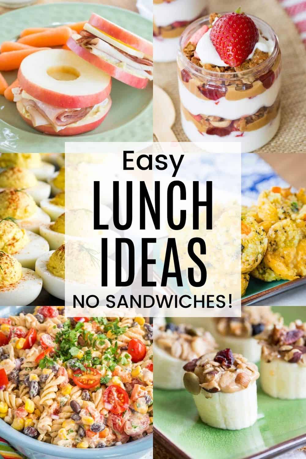 collage of Easy Kids Lunch Ideas with apple sandwiches, chicken salad lettuce wraps, peanut butter hummus, salad on a stick, pasta salad, and yogurt parfaits