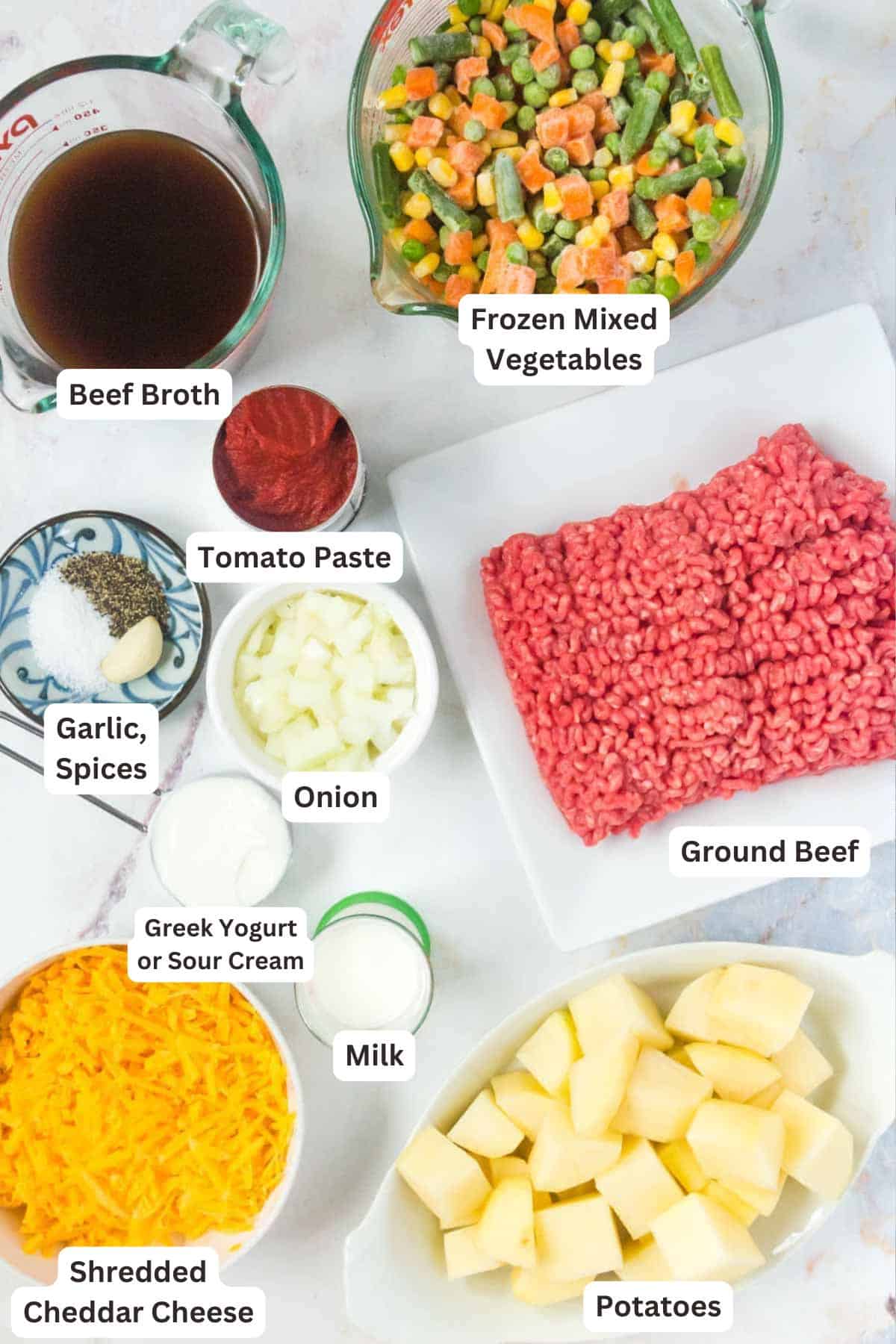 Ingredients for Best Shepherd’s Pie Recipe with Ground Beef.