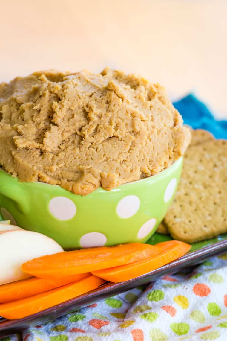 Peanut Butter Hummus Snack with graham crackers, apples, and carrots