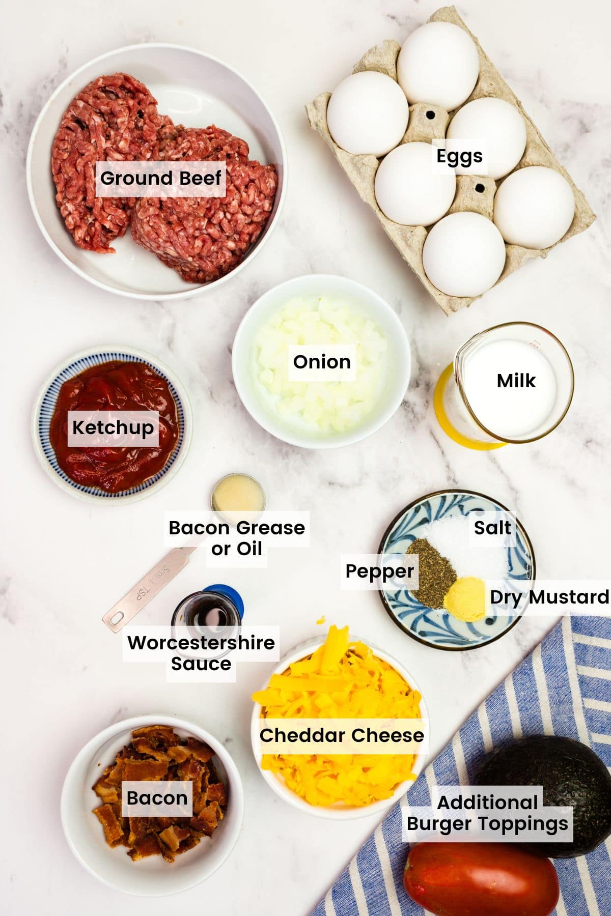 Overhead view of ingredients needed to make bacon cheeseburger crustless quiche