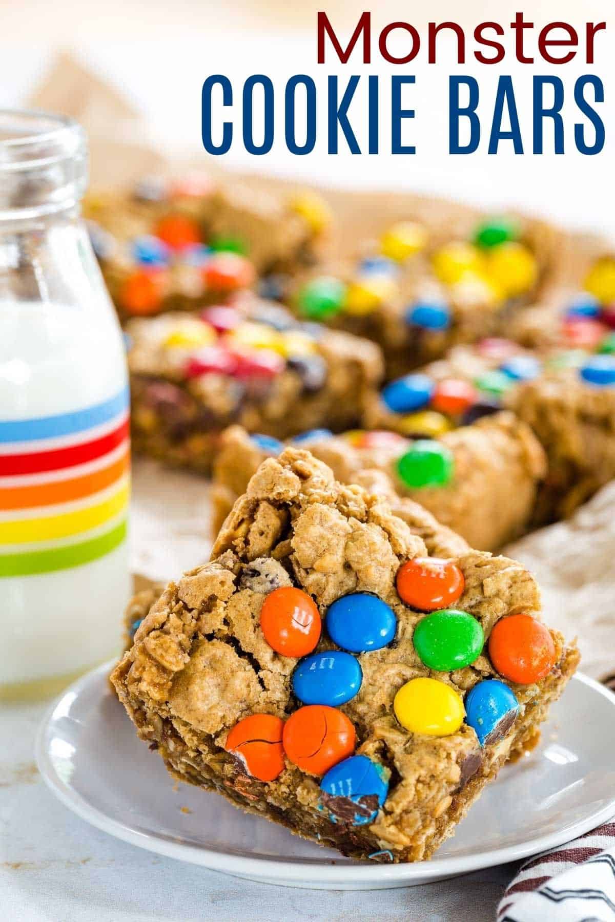 One Bowl Monster Cookie Bar Recipe image with title