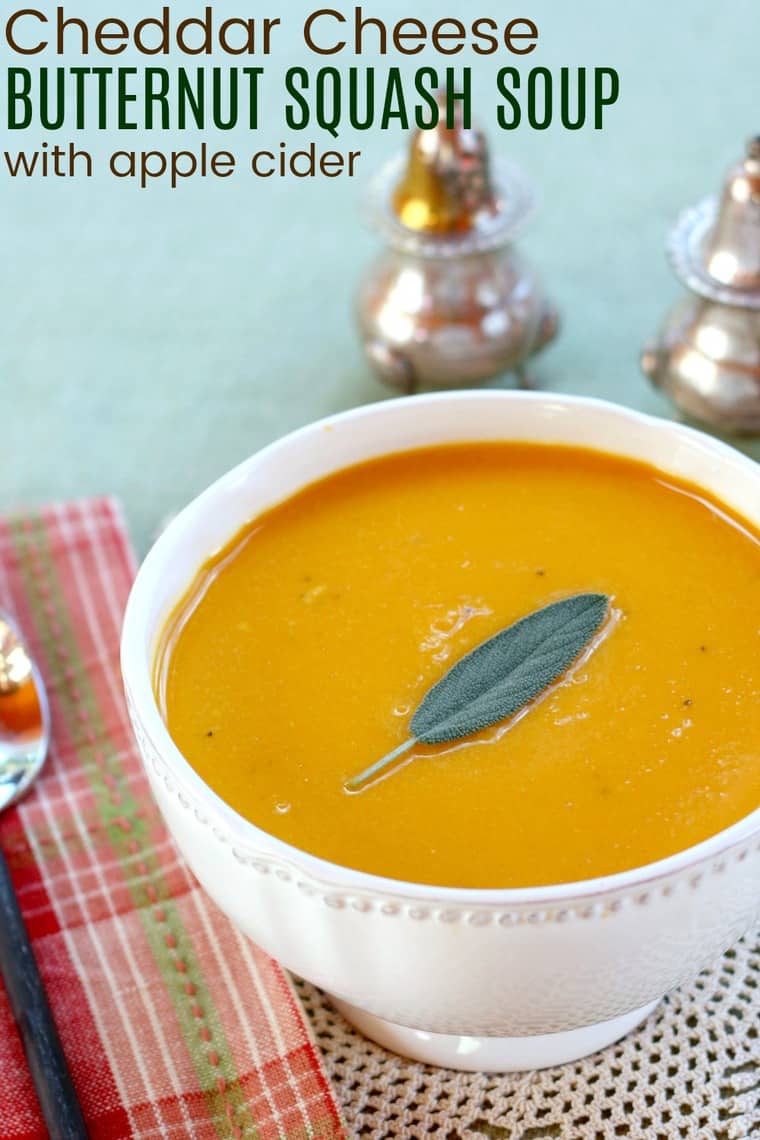 Cheddar Cheese Butternut Squash Soup with Apple Cider Recipe Image with title