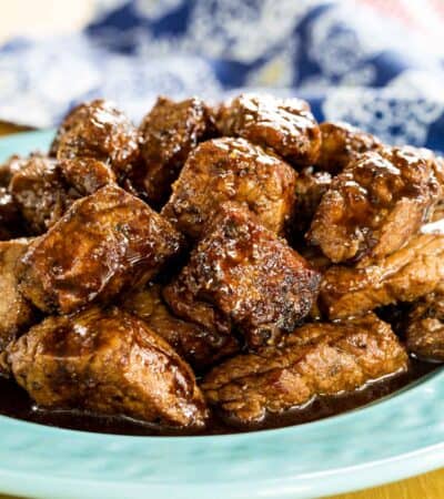 Closeup of Honey Balsamic Steak Bites on a plate
