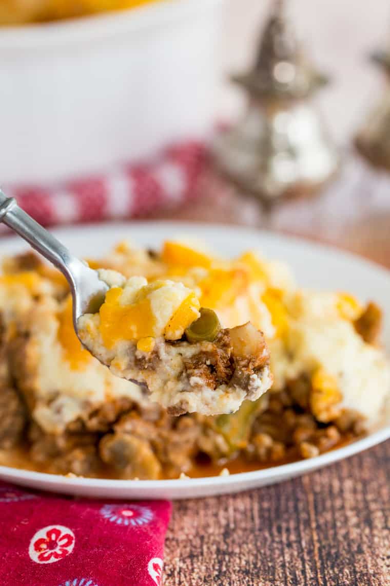 A fork holding a bite of Low Carb Shepherd Pie