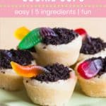 Sugar Cookie Cups with crushed Oreos dirt and gummy worms Pin Template Pink