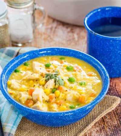 Bowl of Chicken Corn Chowder Soup and place setting on a table