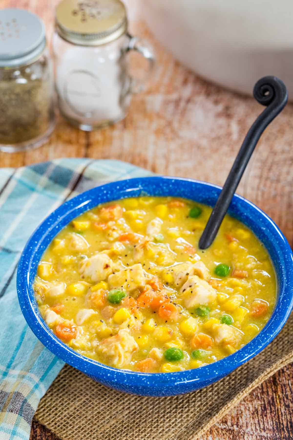 Healthy Chicken Corn Chowder Soup in a blue bowl