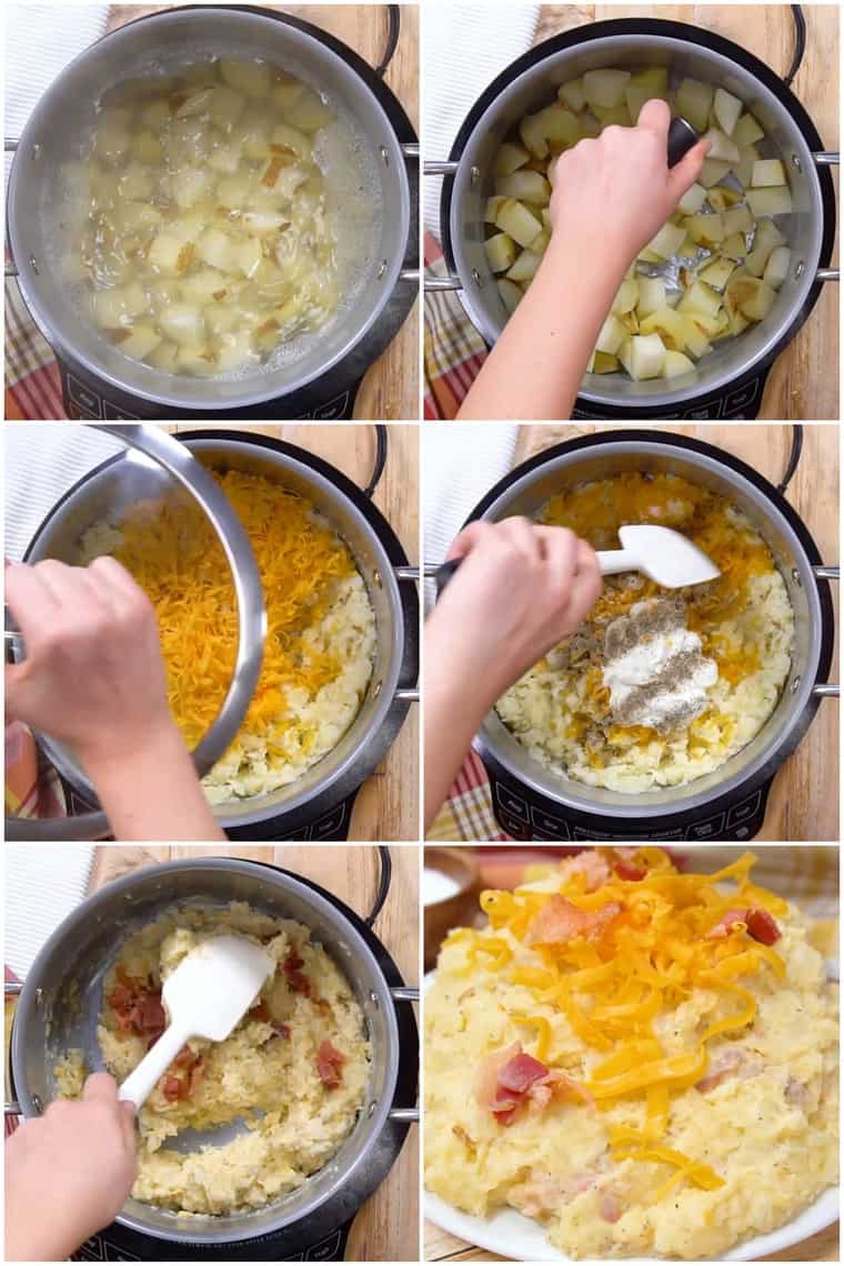 Step by step process shots for how to make Cheesy Mashed Potatoes with Bacon