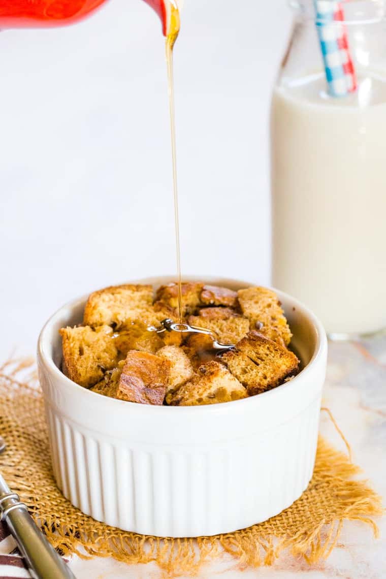 Pour shot with maple syrup over Gluten Free Mini French Toast Casserole