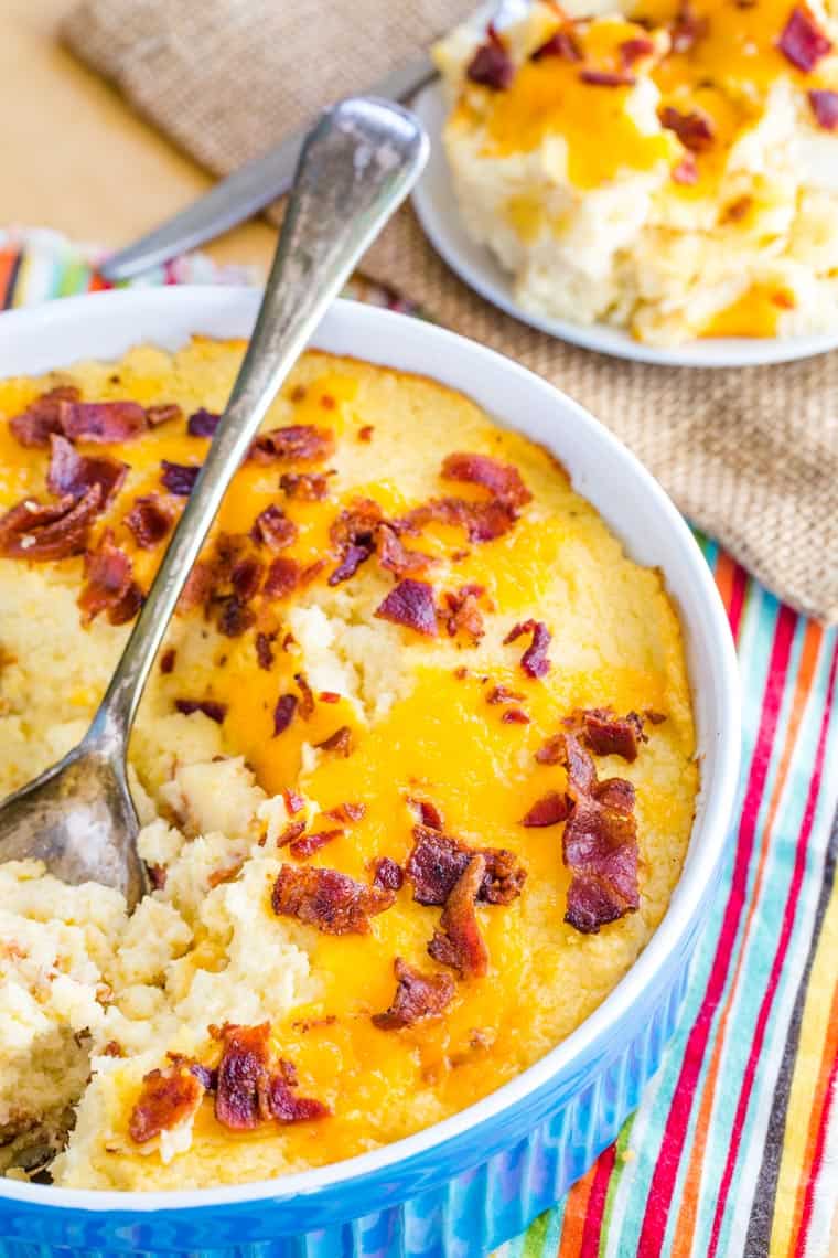 Cauliflower Mashed Potatoes with Cheese and Bacon in a Casserole Dish
