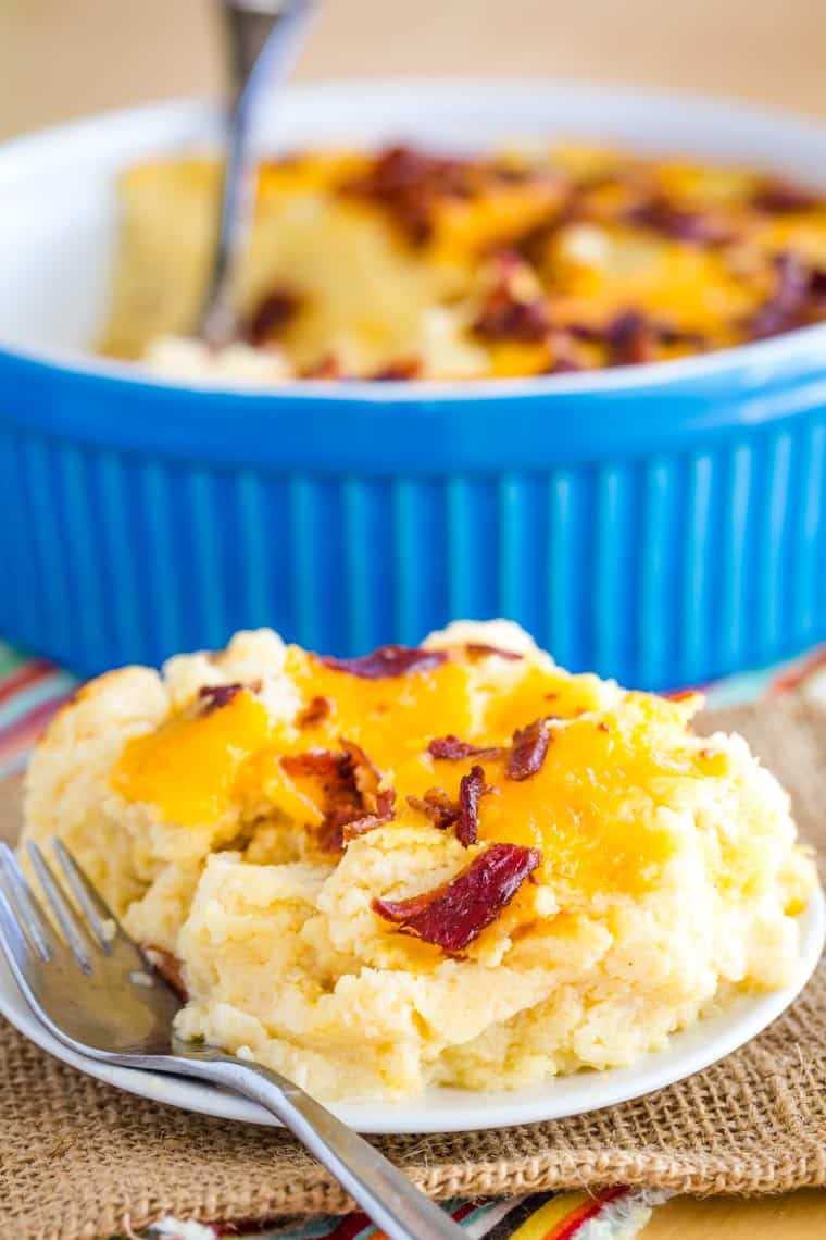 Bacon Cheddar Cheesy Cauliflower Mashed Potatoes on a plate