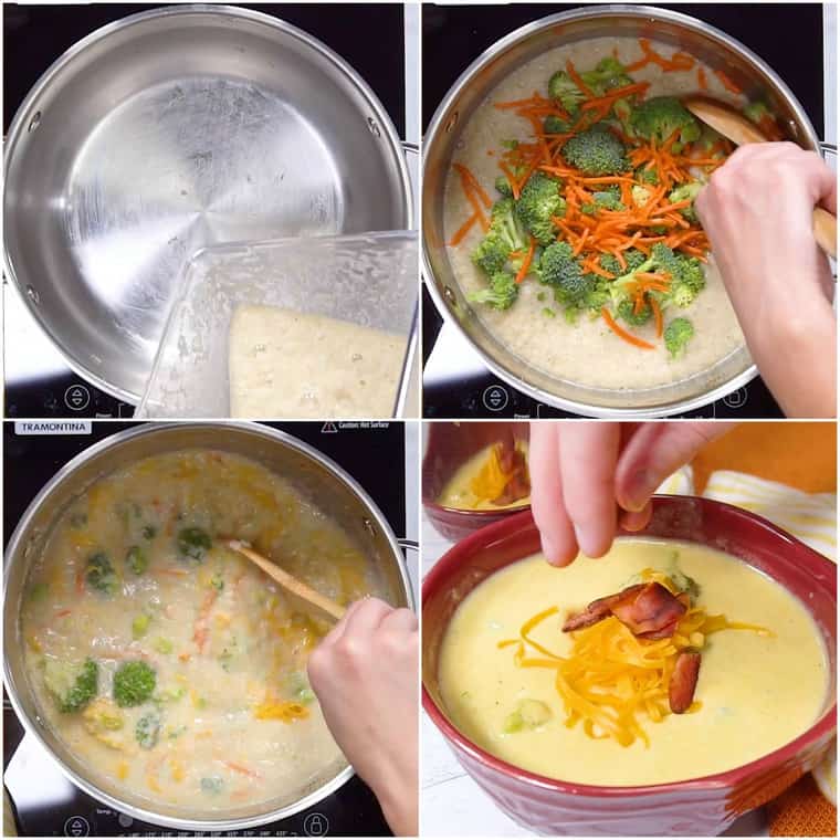Step By Step photos of adding the cauliflower puree back to the pot, cooking the broccoli and carrots, stirring in the cheese, and serving in a bowl with bacon and shredded cheese.