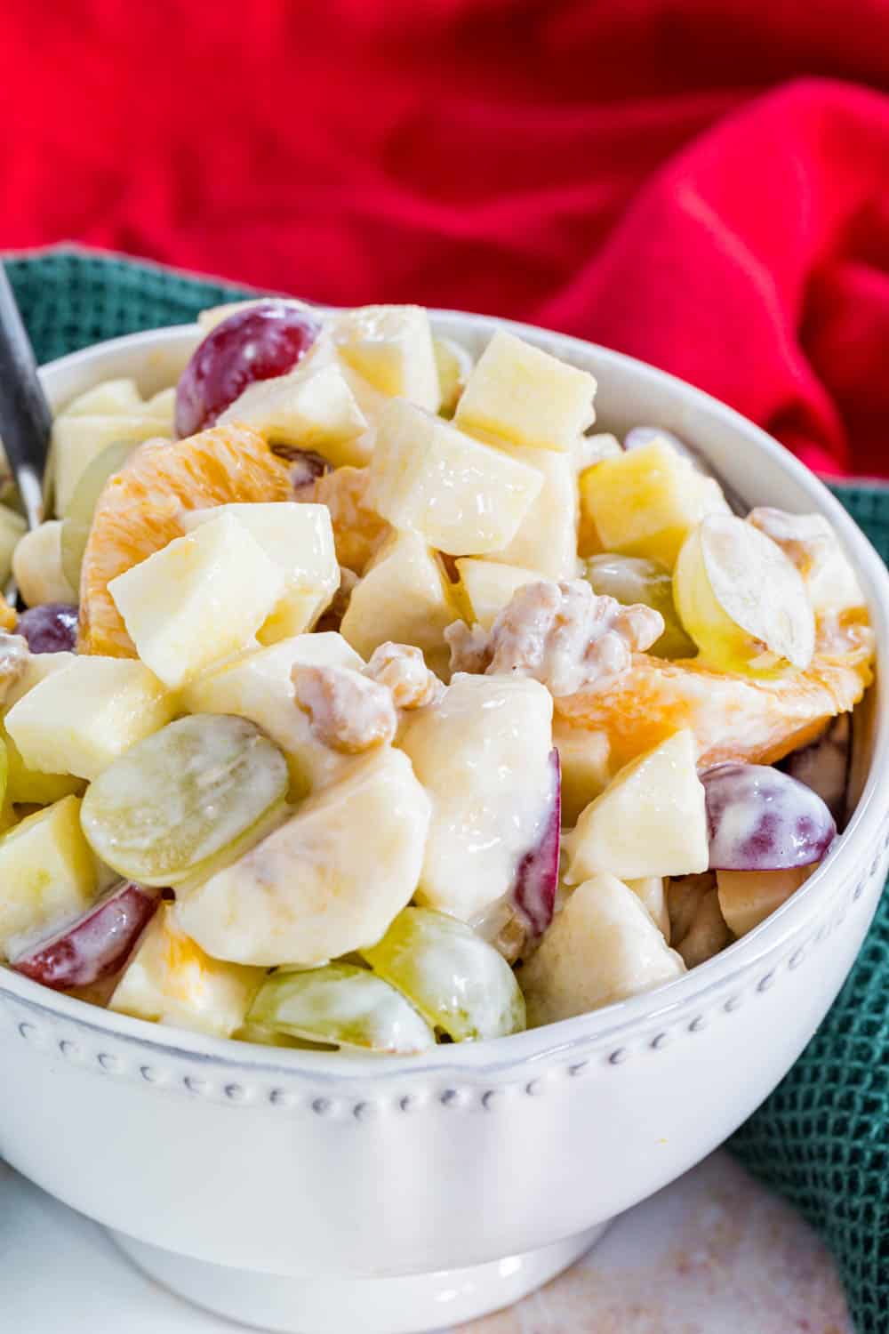 bowl of Christmas fruit salad with yogurt dressing