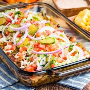 A baking dish of bacon cheeseburger dip