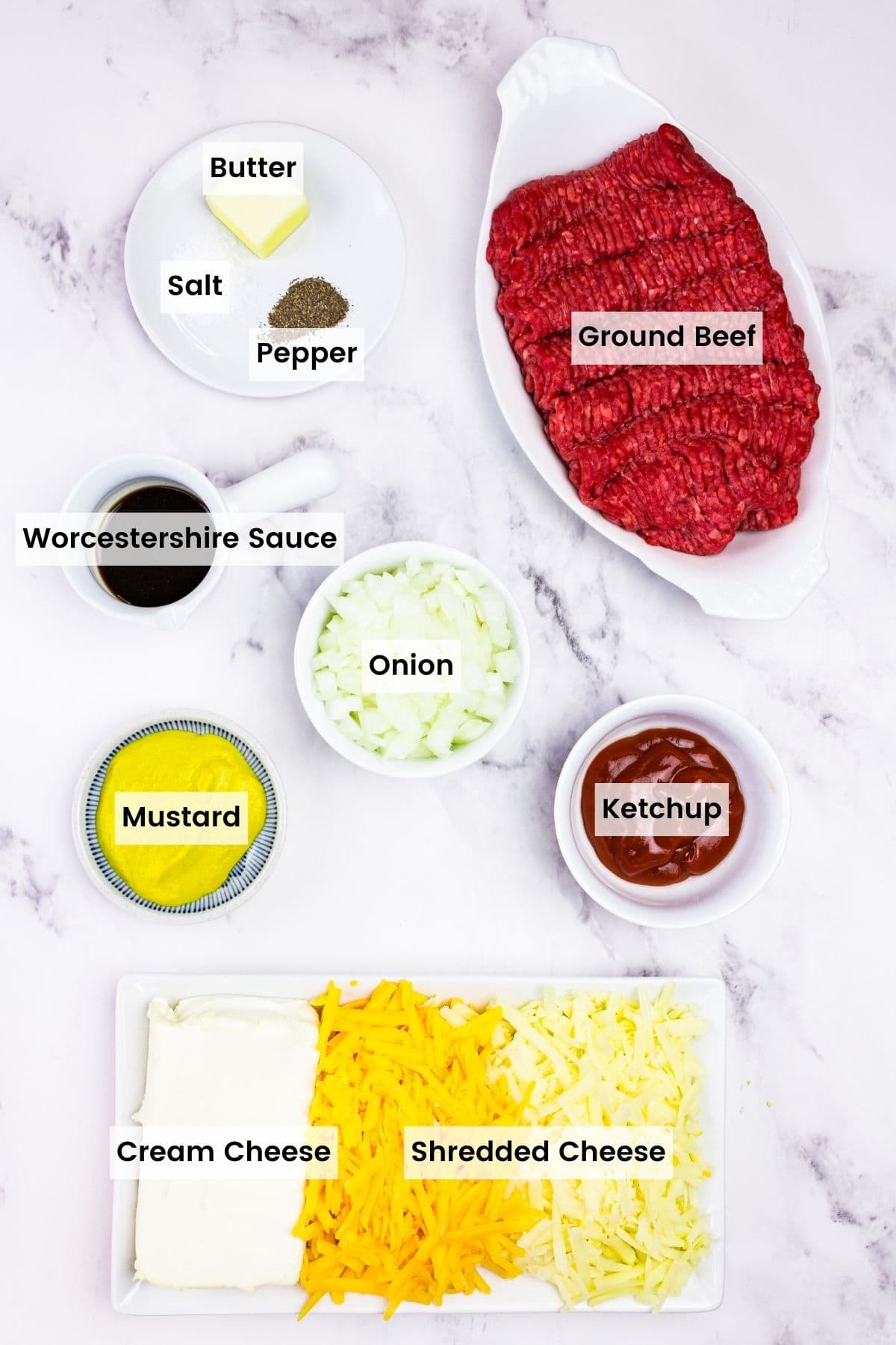 Labeled ingredients shot to make bacon cheeseburger dip