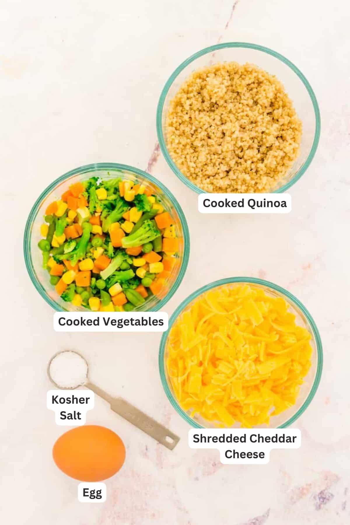 Ingredients for Cheesy Quinoa Veggie Bites.