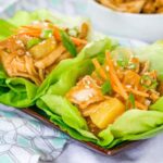 A small plate with teriyaki chicken lettuce wraps
