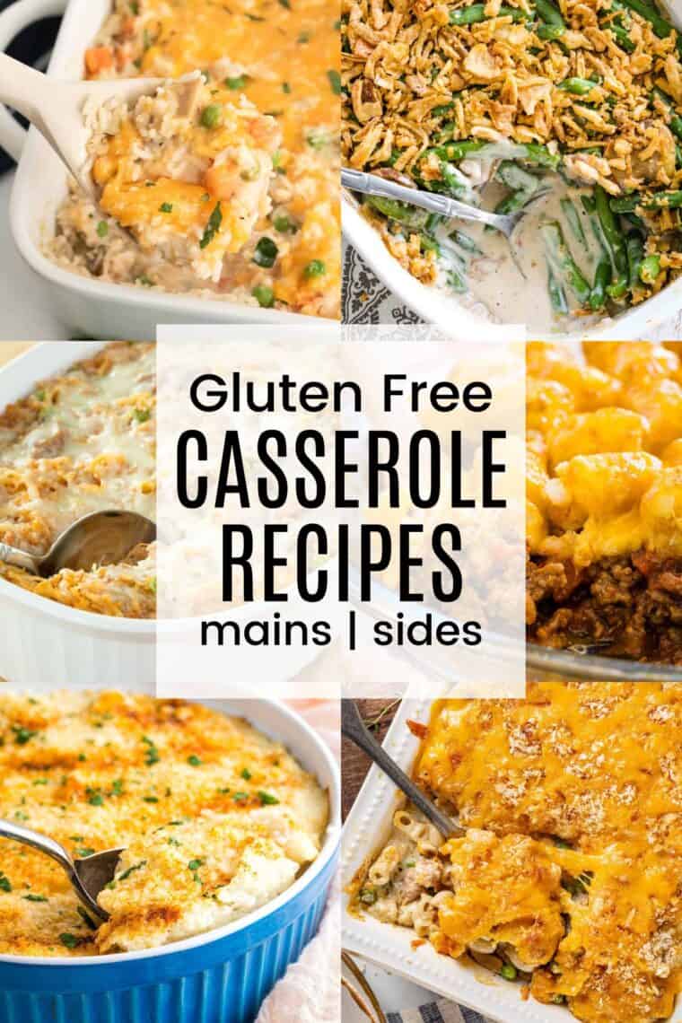 Best Gluten Free Casserole Recipes Collage of baked pasta casserole, macaroni and cheese, shepherd's pie, cauliflower hashbrowns, and baked spaghetti squash