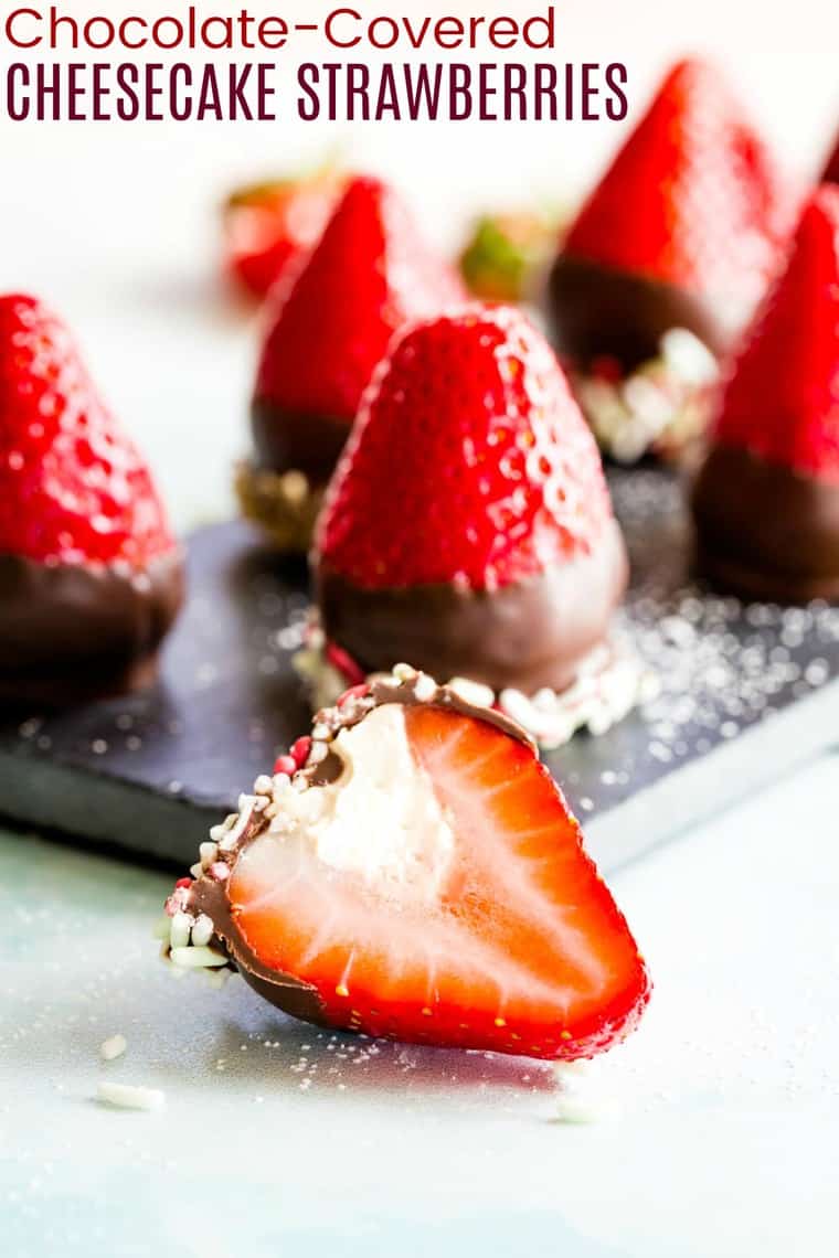 Chocolate Covered Cheesecake Stuffed Strawberries Recipe Image with Title