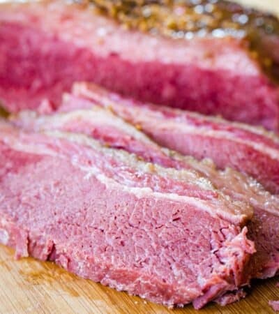Tender, cooked corned beef brisket that has been sliced into thin pieces.