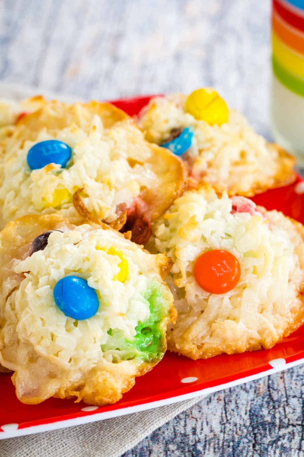 A closeup of Coconut M&M's Macaroons.