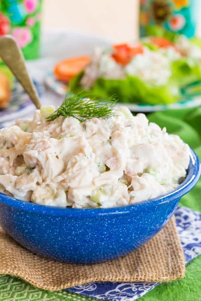 A blue bowl of healthy Greek Cucumber Dill Chicken Salad