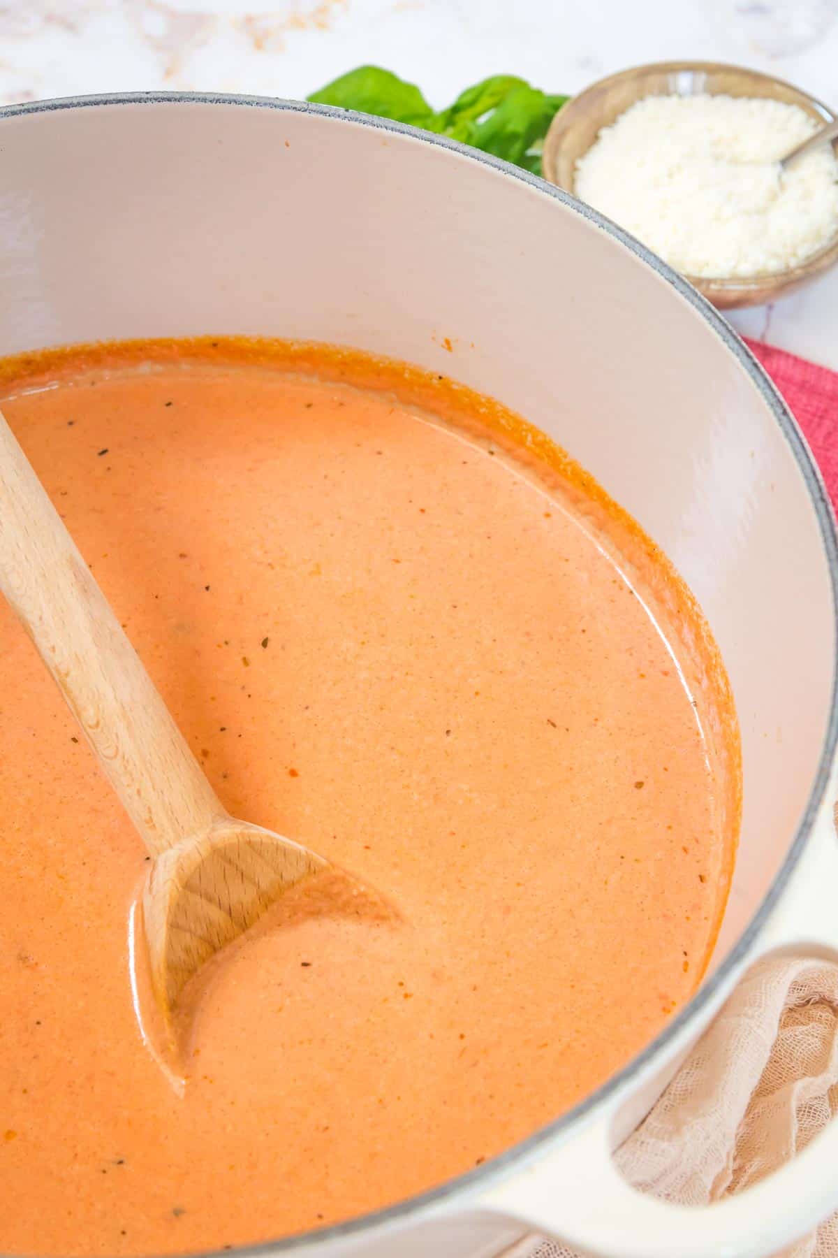 A dutch oven with homemade vodka sauce