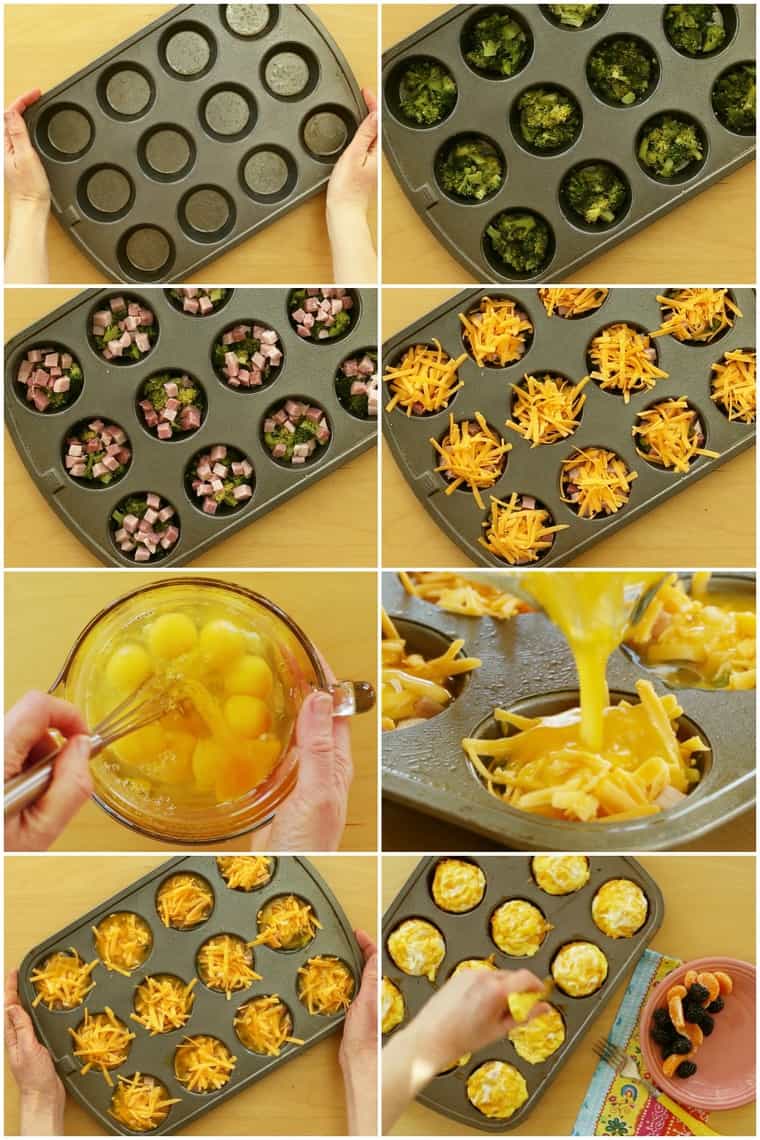 Process Shots for how to make broccoli ham and cheese egg muffin cups