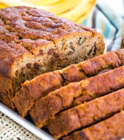 Closeup of a sliced loaf of gluten free banana bread