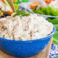 Tzatziki Chicken Salad in a bowl topped with a sprig of fresh dill