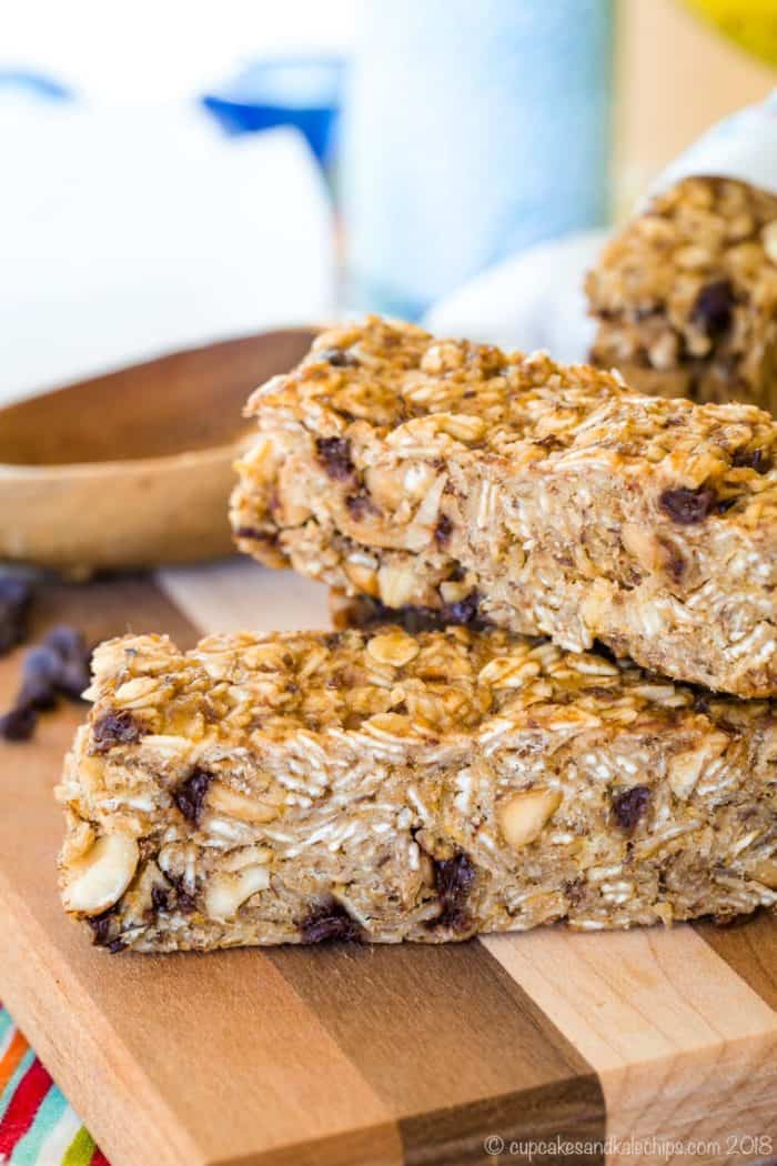 Stack of two granola bars with chocolate chips, peanut butter, and banana