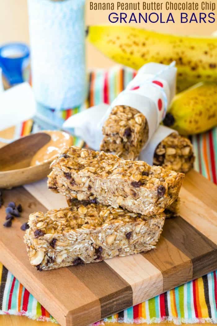 Banana Peanut Butter Chocolate Chip Granola Bars Recipe image with title