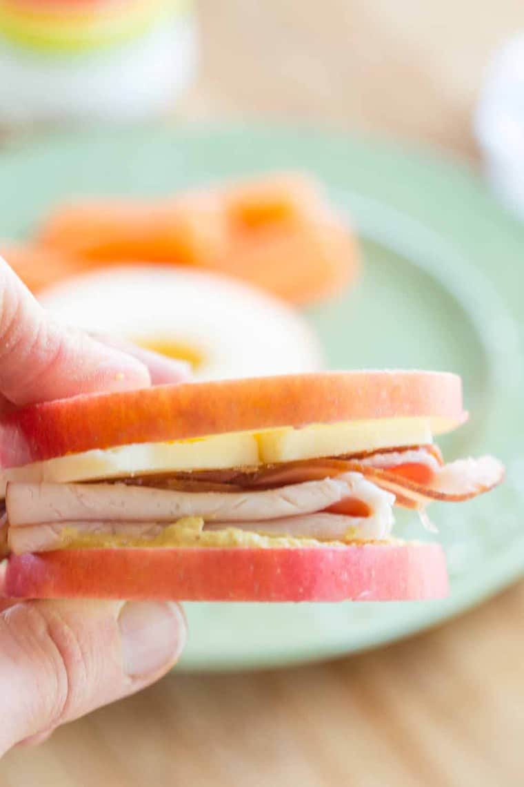 Holding an Apple Sandwich with Cheese, Ham, and Turkey slices