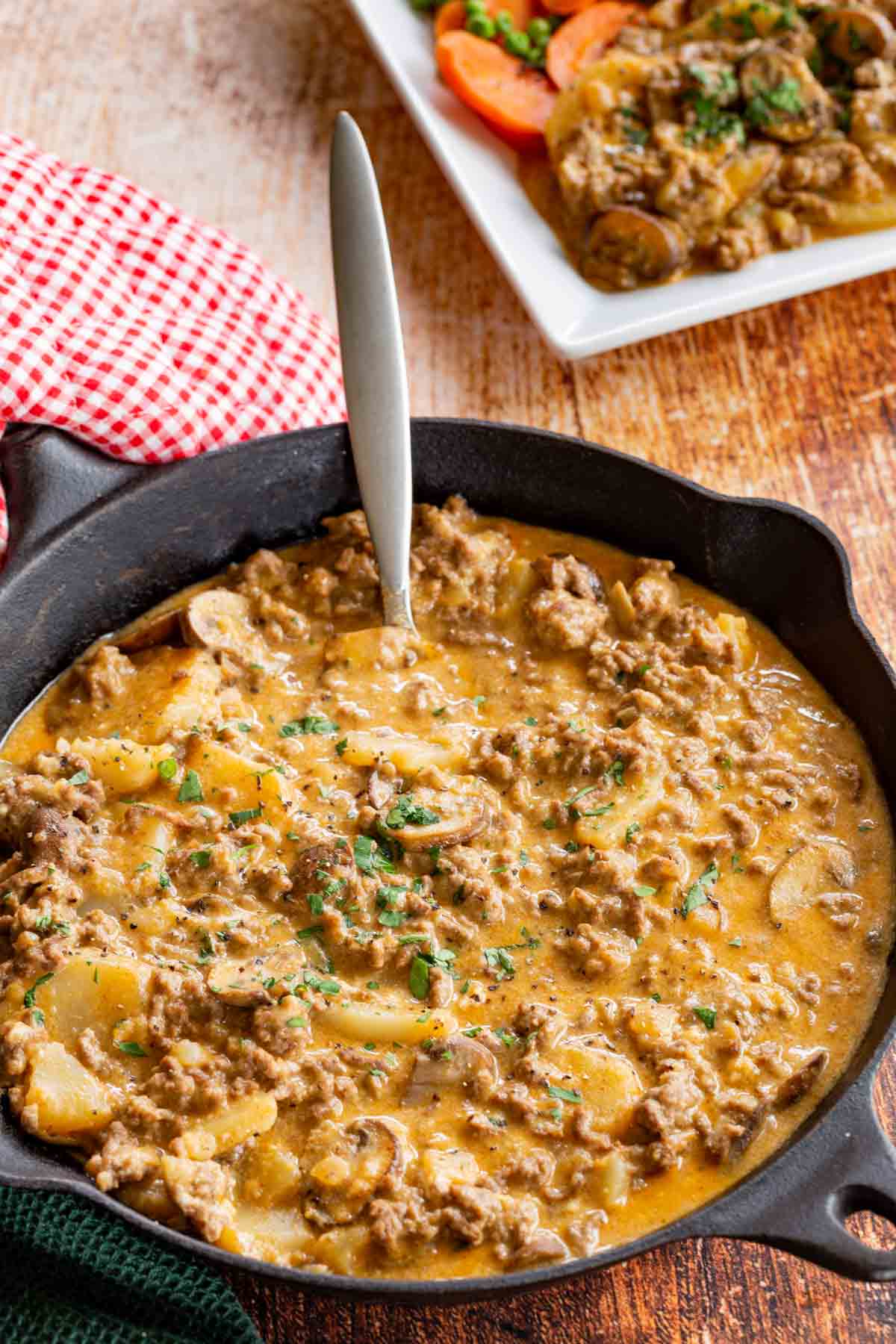 Ground Beef Potatoes Skillet Supper in a Cast Iron Pan